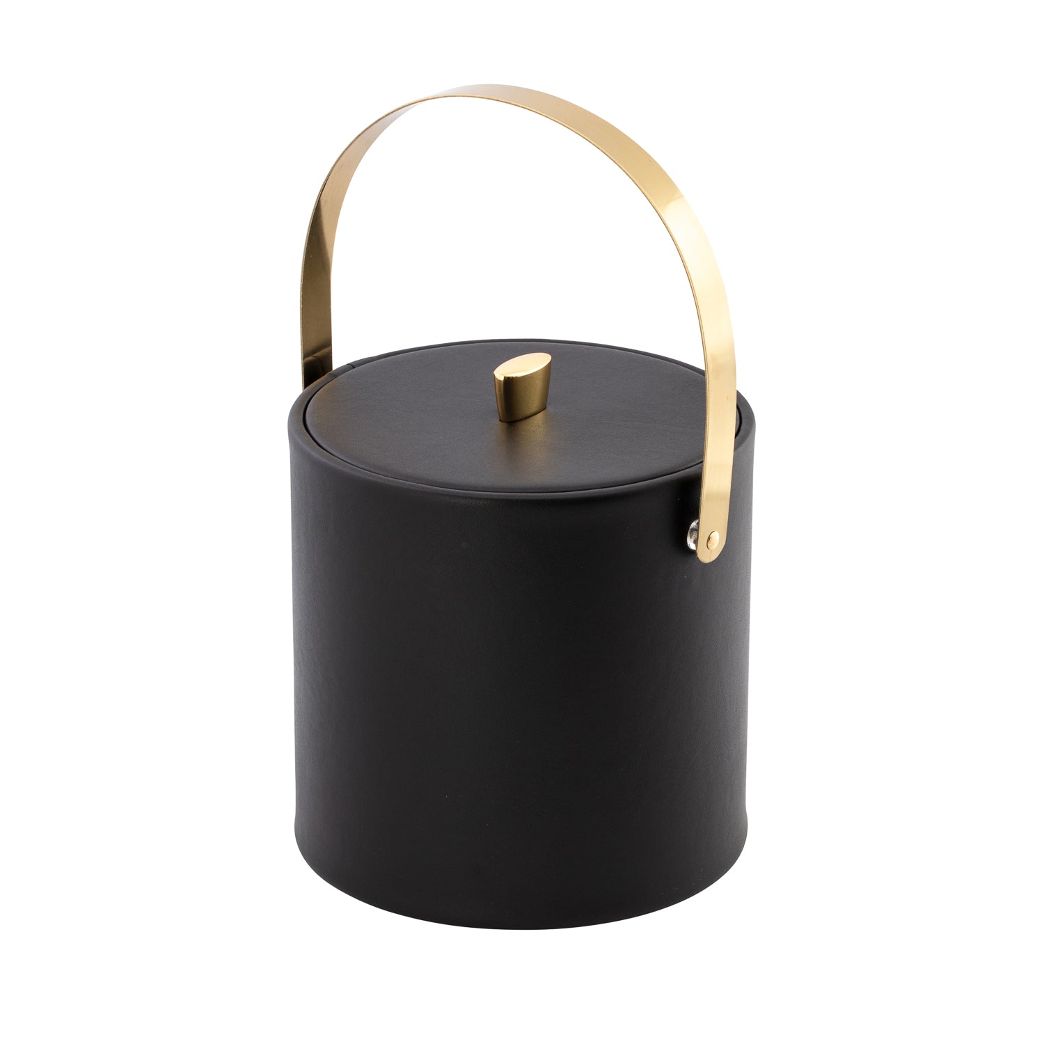 Black | Full view of the black leatherette Oxford ice bucket with arch handle upright.