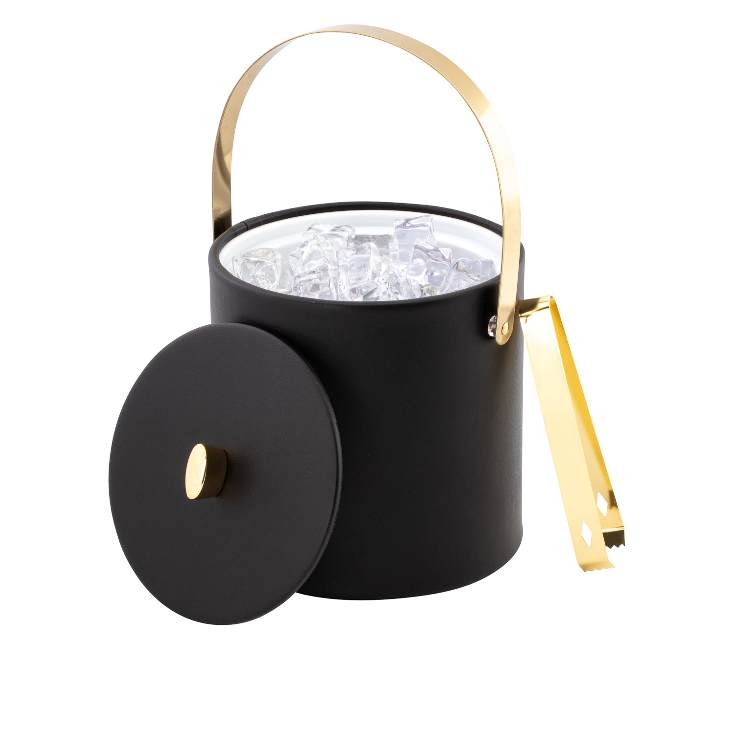 Black | Leatherette ice bucket with gold knob and arch handle and cover off to see ice cubes inside.