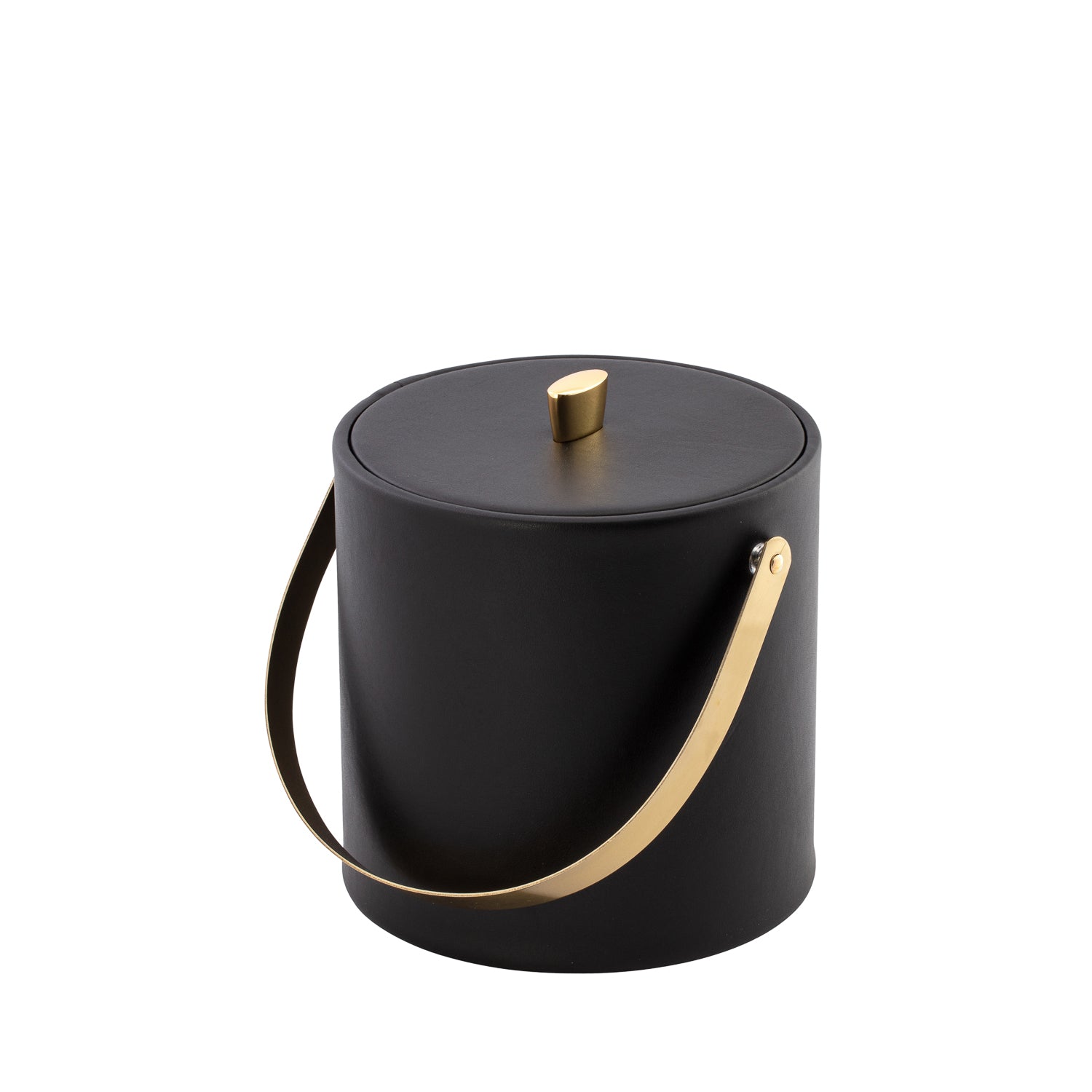 Black | Leatherette Oxford 3qt ice bucket with leatherette cover and stylish gold hardware.
