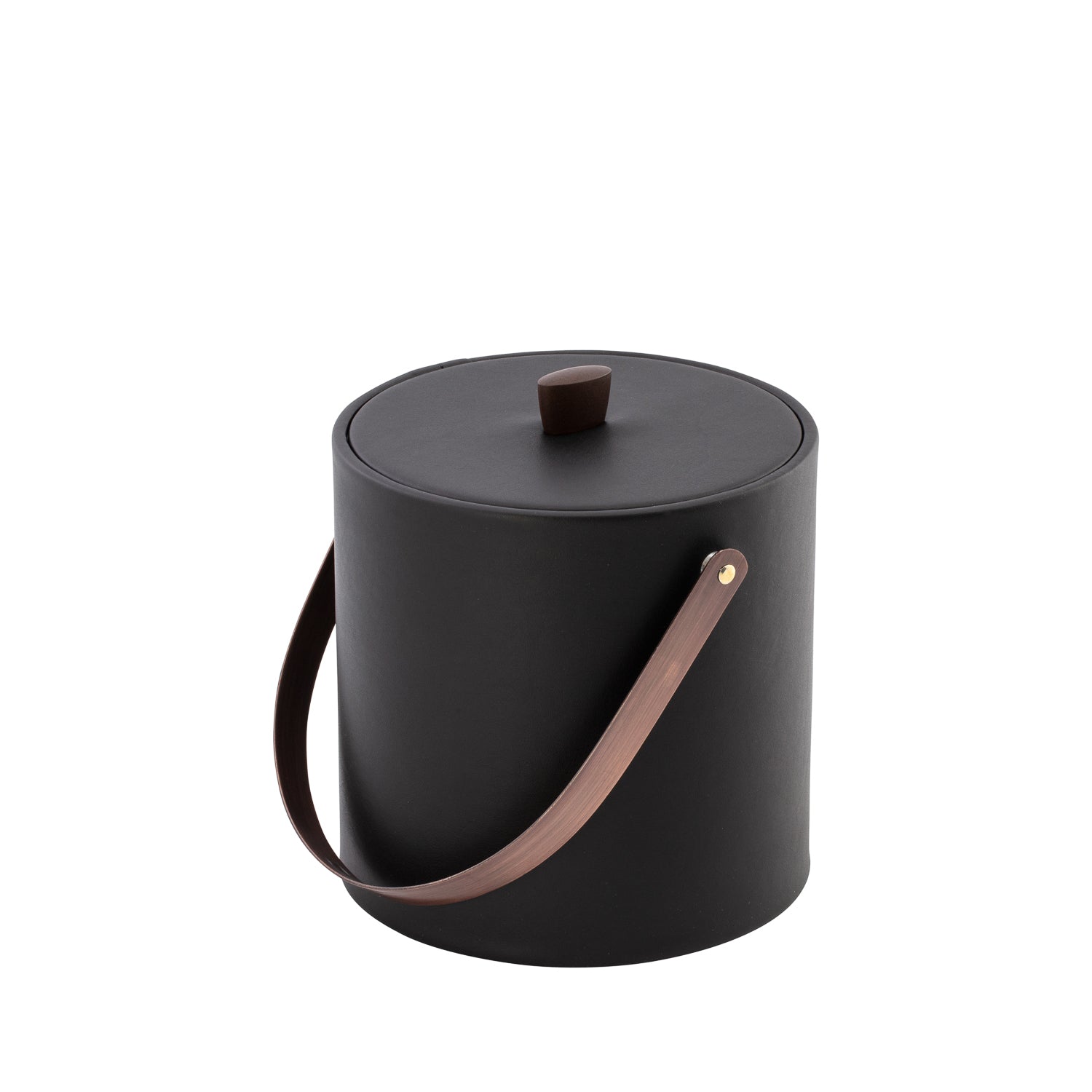 Black | leatherette-wrapped ice bucket with matching lid and oil-rubbed bronze arc knob and handle on white background.
