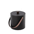 Black | leatherette-wrapped ice bucket with matching lid and oil-rubbed bronze arc knob and handle on white background.