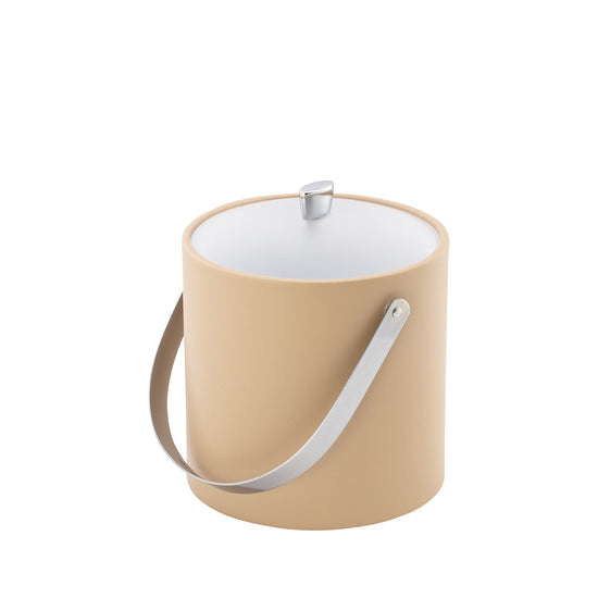Beige | Close-up of ice bucket with polished chrome arc knob, acrylic cover and matching arch handle.