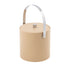 Beige | leatherette wrapped ice bucket with matching cover and chrome arc knob and carry handle on a white background.