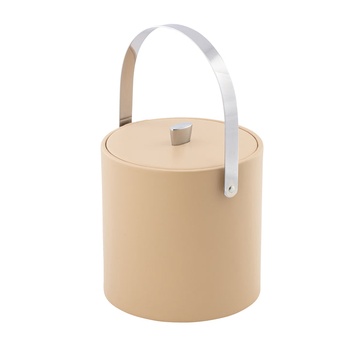 Beige | leatherette wrapped ice bucket with matching cover and chrome arc knob and carry handle on a white background.