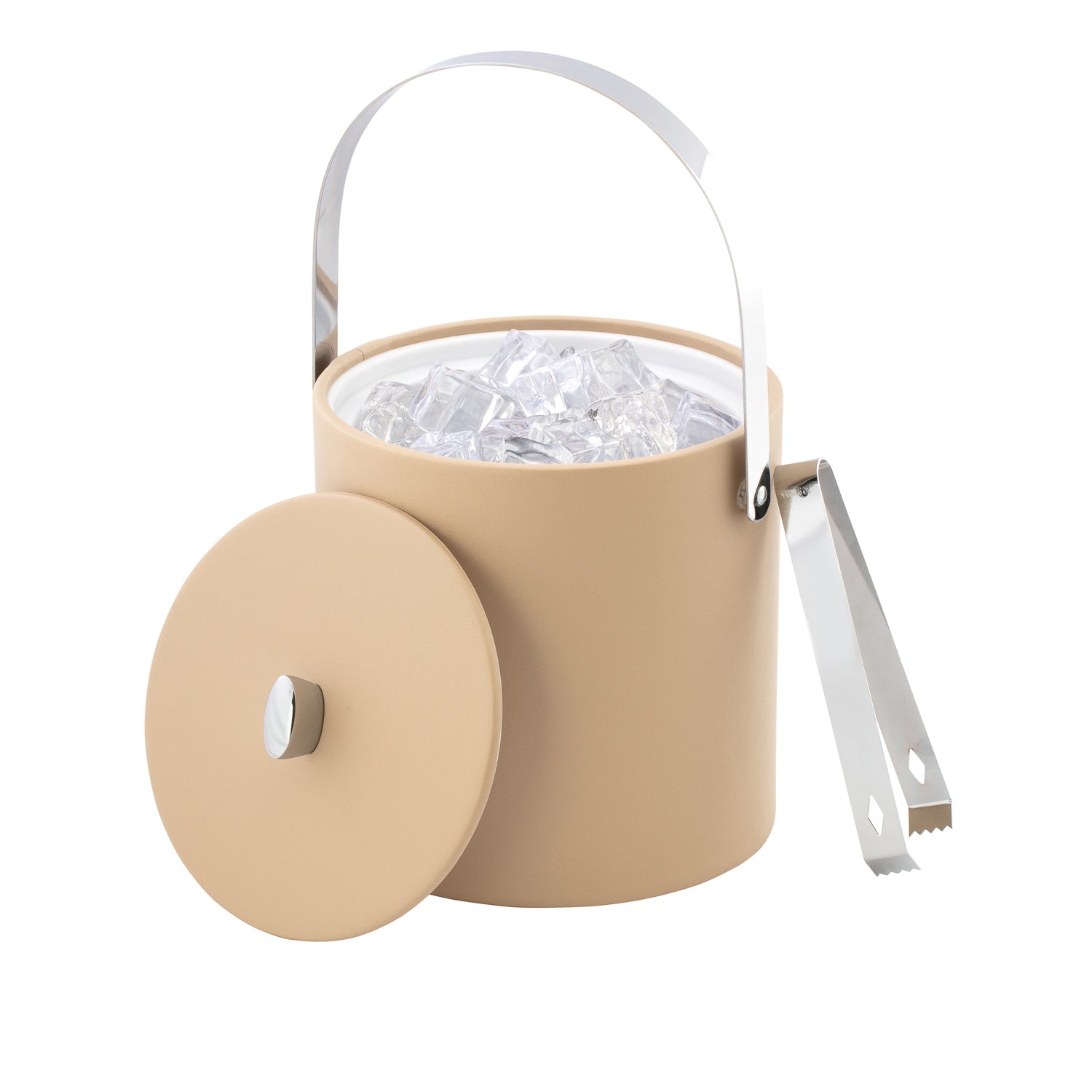 Beige | leatherette ice bucket showing smooth leatherette finish and polished chrome details on a white background.