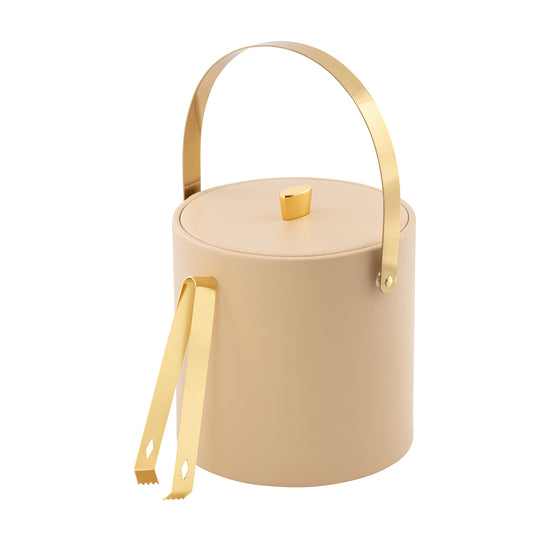 Beige | Sophisticated leatherette ice bucket with arch handle and polished gold knob on top.
