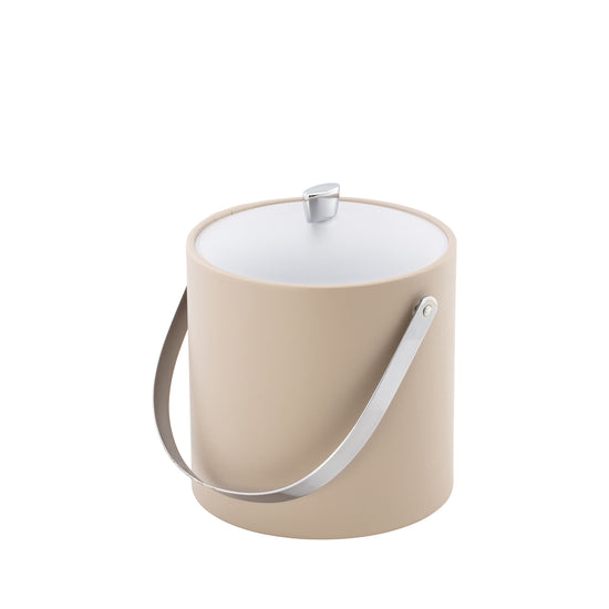 Taupe | Stylish leatherette ice bucket with polished chrome arc knob and matching arch handle for sleek presentation.