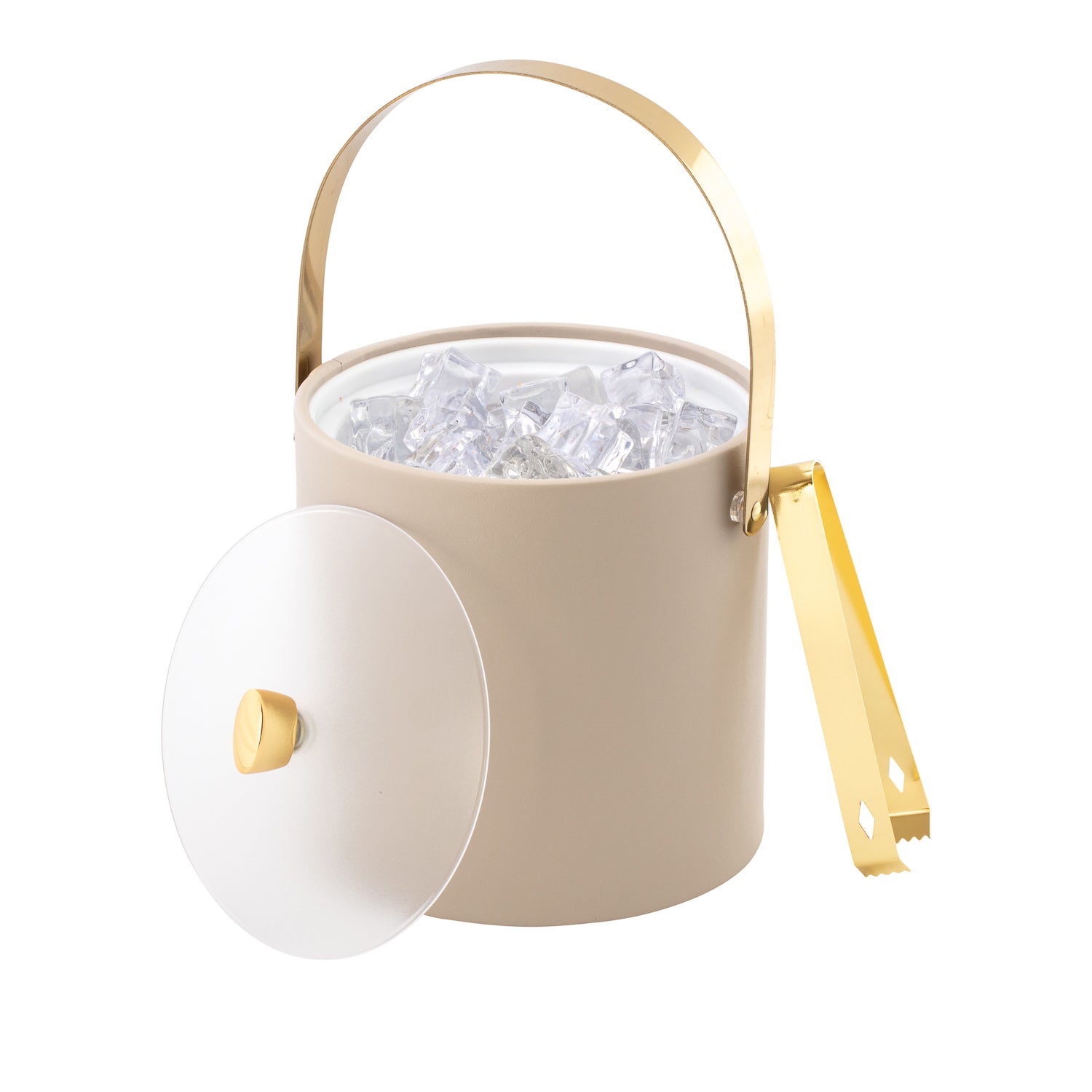 Taupe | Stylish entertaining ice bucket featuring gold arc knob, arch handle, and acrylic cover.