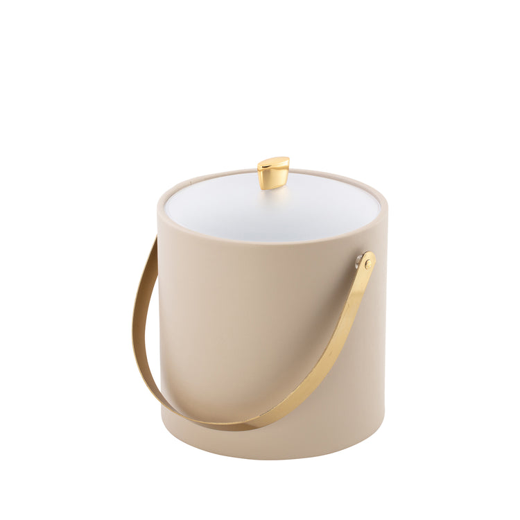 Taupe | Minimalist ice bucket with polished gold accents, including arc knob and arch handle.