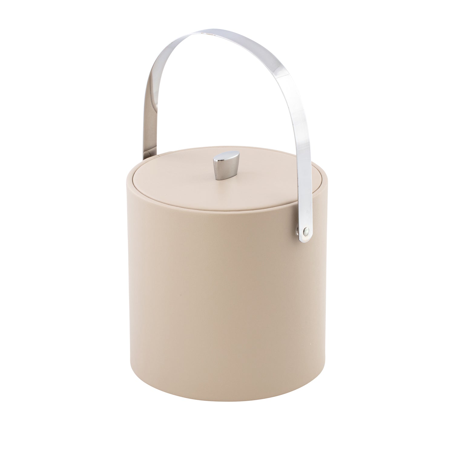 Taupe | 3qt ice bucket with chrome arc knob and handle over a leatherette body, set on a white background.