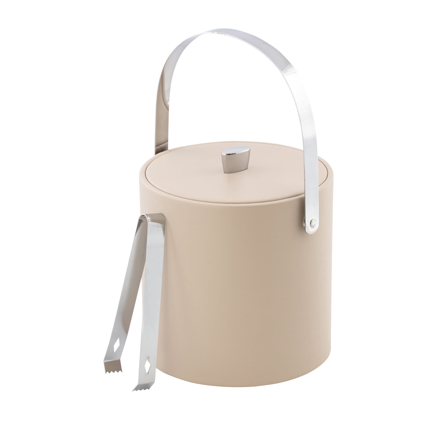 Taupe | Cover on leatherette ice bucket keeping ice chilled, set on a white background.