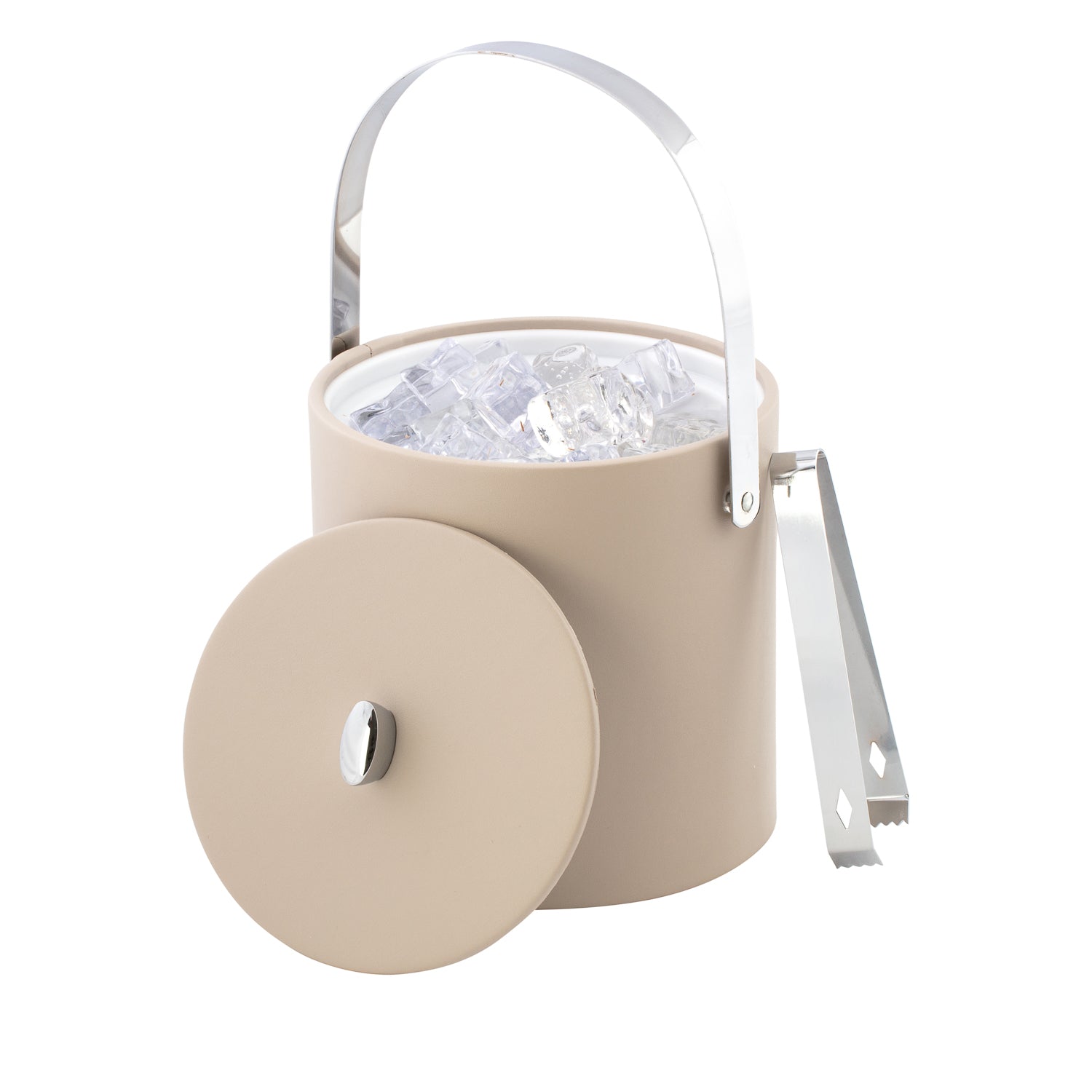 Taupe | Lid removed from leatherette ice bucket revealing storage for ice, set on a white surface.