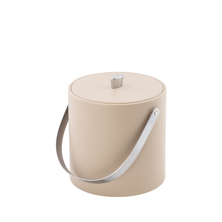 Taupe | chrome accented leatherette ice bucket with matching lid, shown upright on white background.