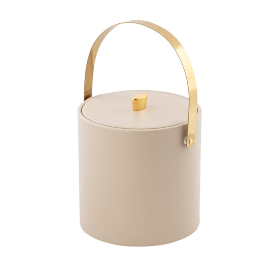Taupe | Sleek leatherette ice bucket with gold arch handle on a white background.
