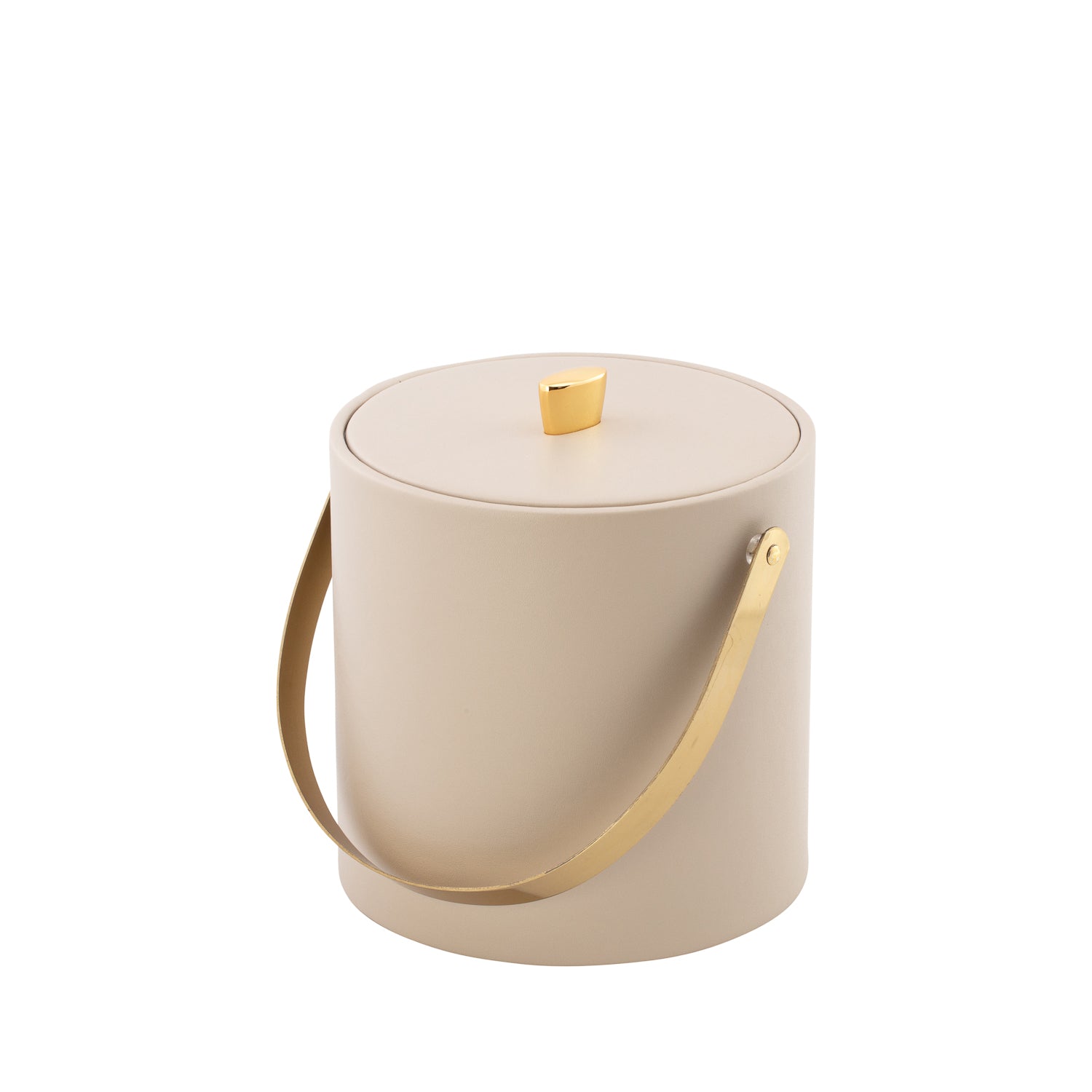 Taupe | Contemporary leatherette ice bucket with polished gold accents.