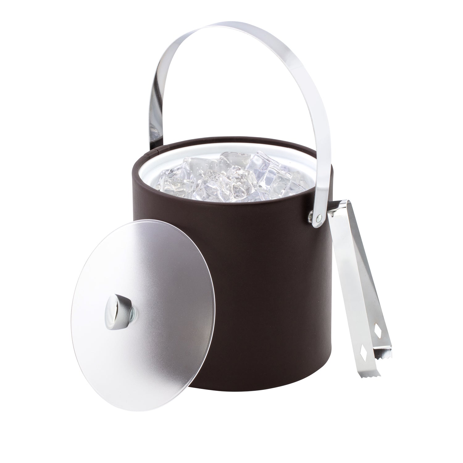 Chocolate | Leatherette ice bucket with polished chrome arc knob and arch handle detailing on a modern ice bucket with acrylic cover.