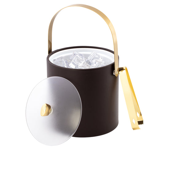 Chocolate | Sleek ice bucket design with polished gold arc knob, matching arch handle, and acrylic lid.