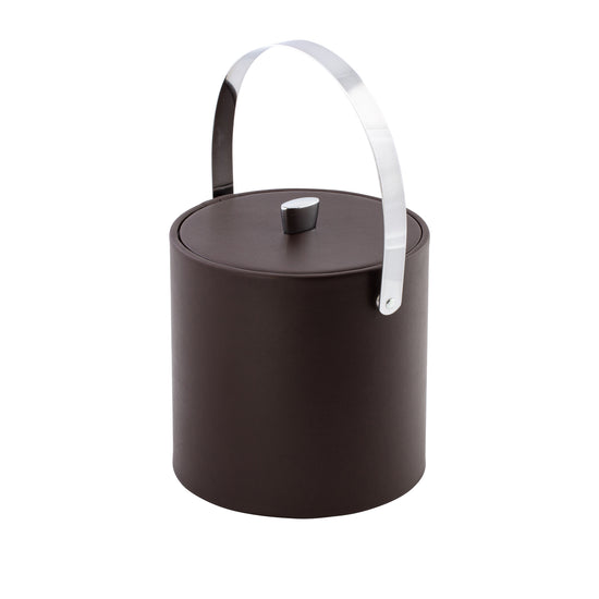 Chocolate | Angled view of leatherette-wrapped ice bucket with arch handle shown on clean white background.