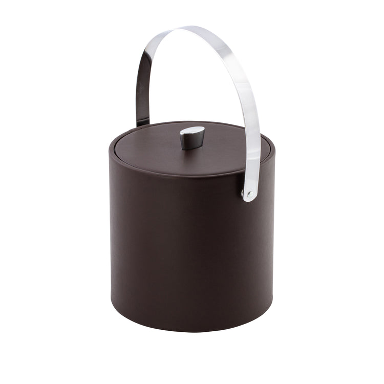 Chocolate | Angled view of leatherette-wrapped ice bucket with arch handle shown on clean white background.