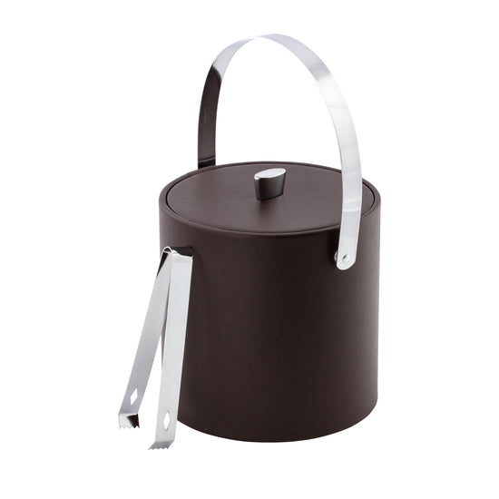 Chocolate | modern ice bucket in leatherette finish with chrome knob and handle, isolated on white background.