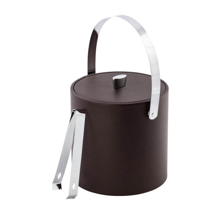 Chocolate | modern ice bucket in leatherette finish with chrome knob and handle, isolated on white background.