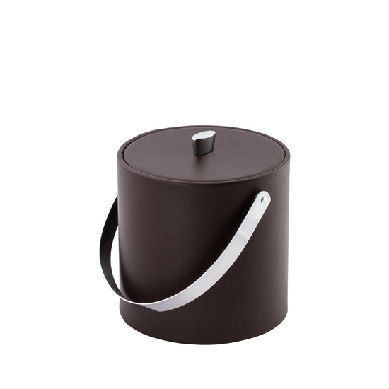 Chocolate | Ice bucket with leatherette texture and chrome hardware perfect home bars, displayed on a white surface.