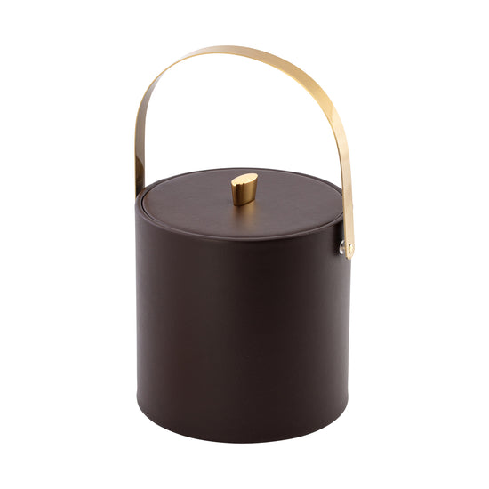Chocolate | Smooth leatherette ice bucket with elegant gold arc knob and coordinating handle.