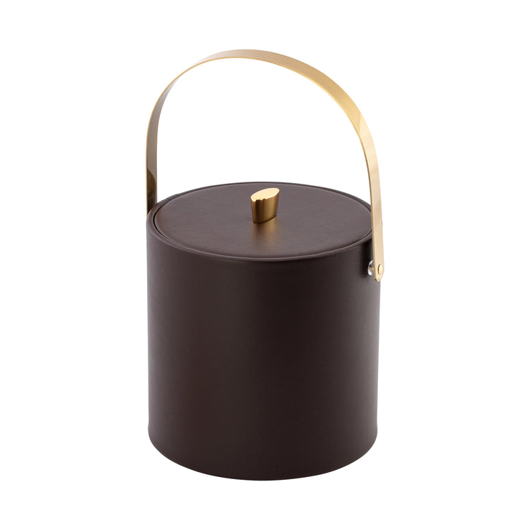 Chocolate | Smooth leatherette ice bucket with elegant gold arc knob and coordinating handle.