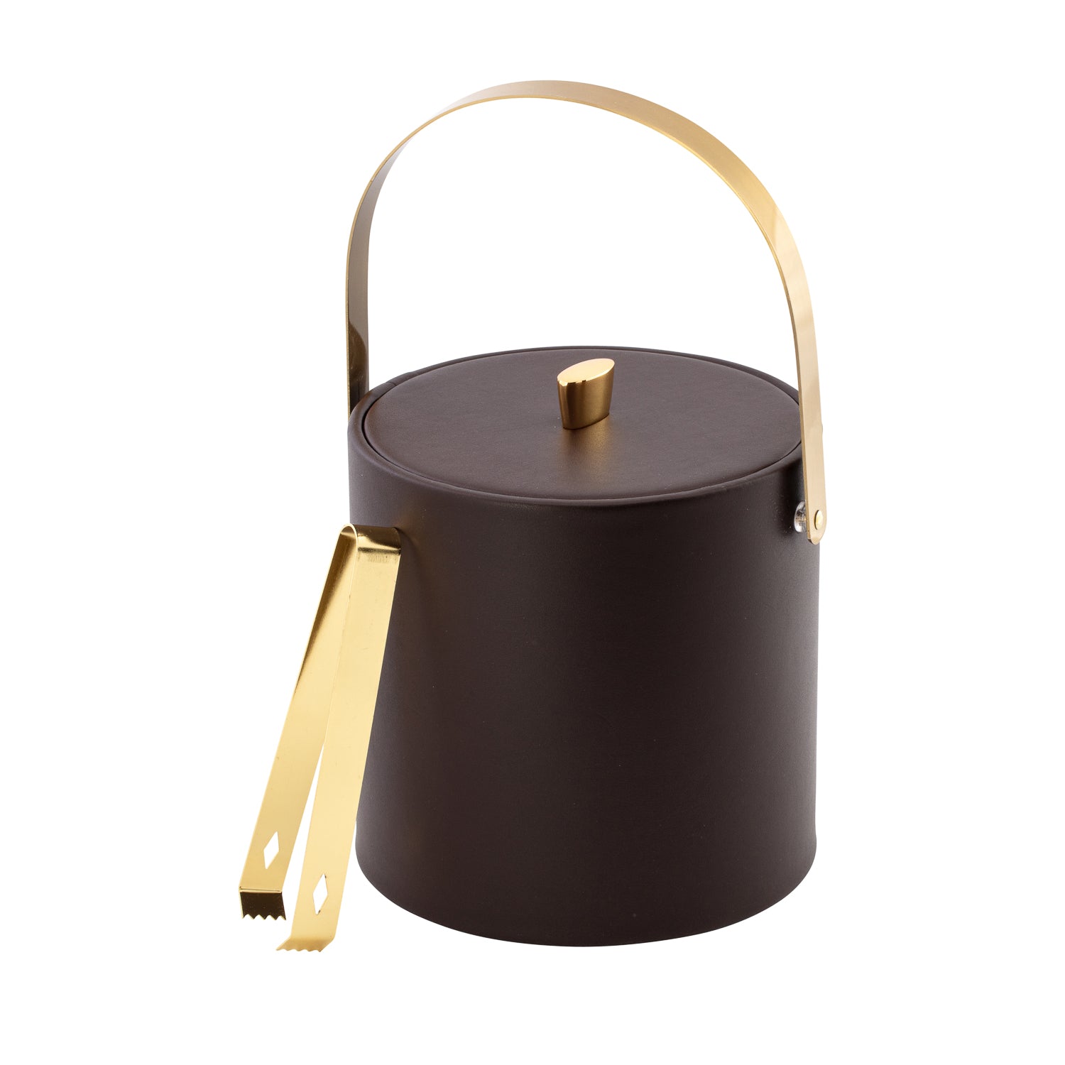 Chocolate | Leatherette ice bucket with gold hardware and matching lid.
