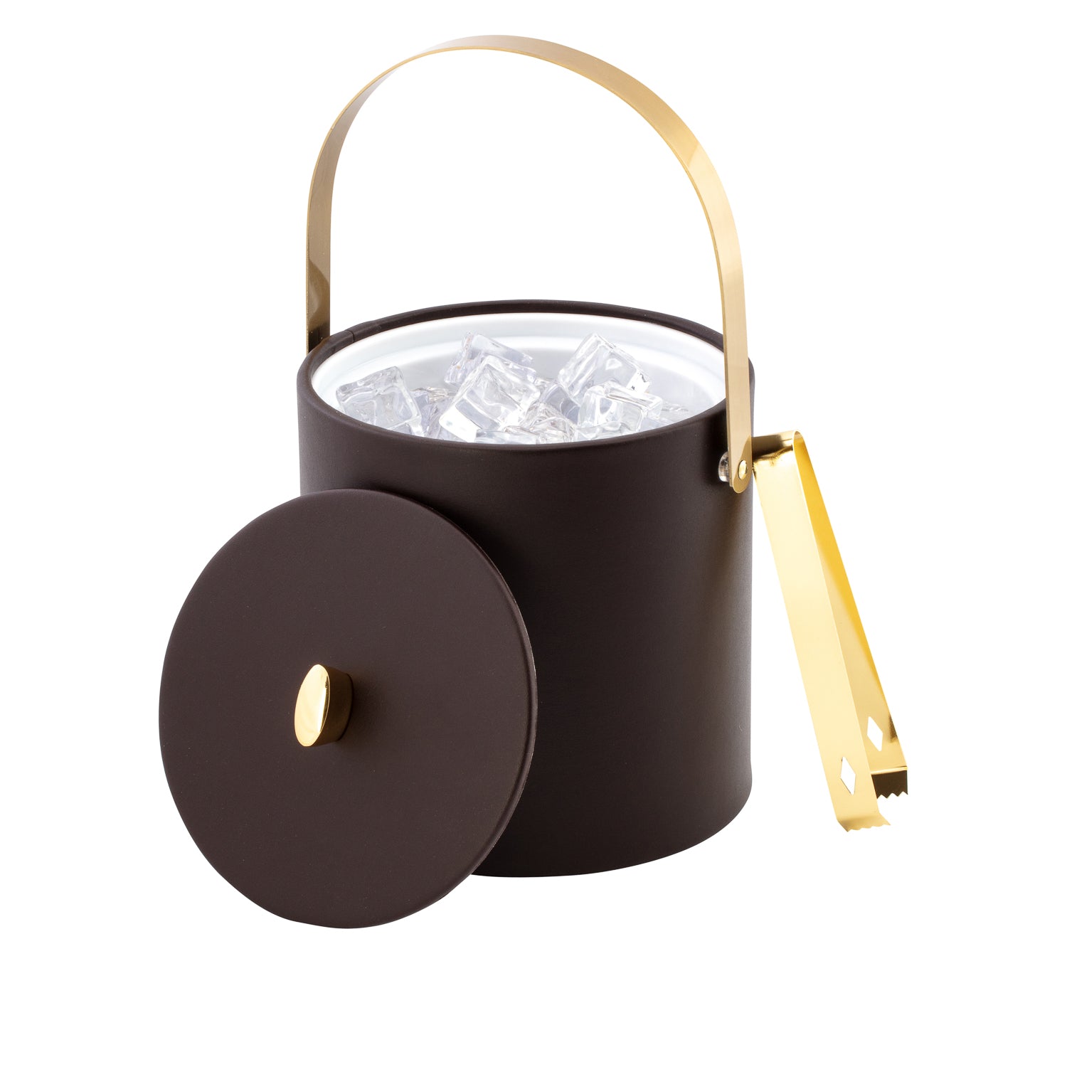 Chocolate | Close-up of gold arc knob on top of a leatherette cover.