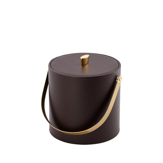 Chocolate | Brown leatherette ice bucket and gold-toned accents.