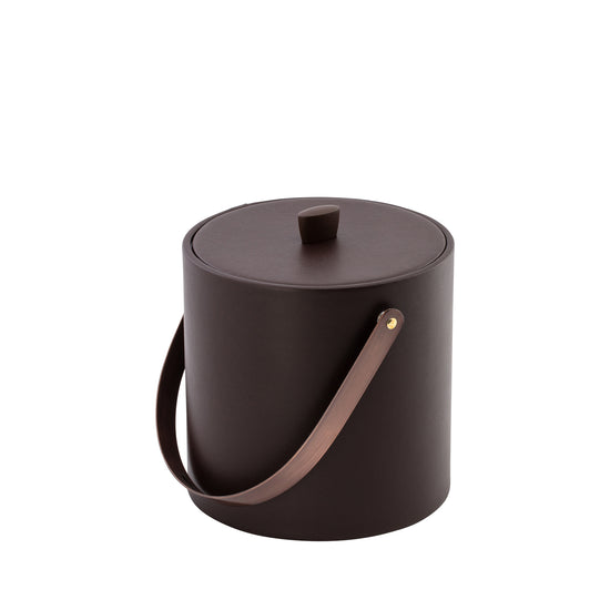 Chocolate | ice bucket with hand sewn leatherette finish, coordinating lid, and bronze handle.