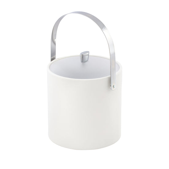 White | Sophisticated leatherette ice bucket with polished chrome arc knob and matching arch handle. 