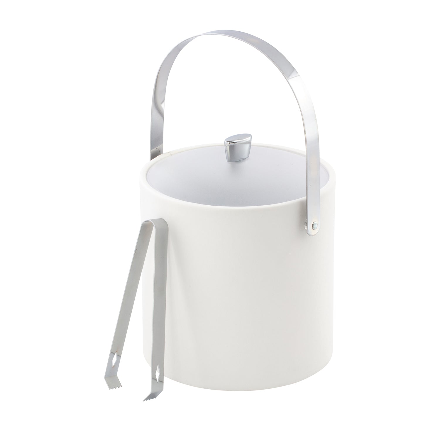 White | Leatherette ice bucket with polished chrome arc knob and arch handle for easy carrying.