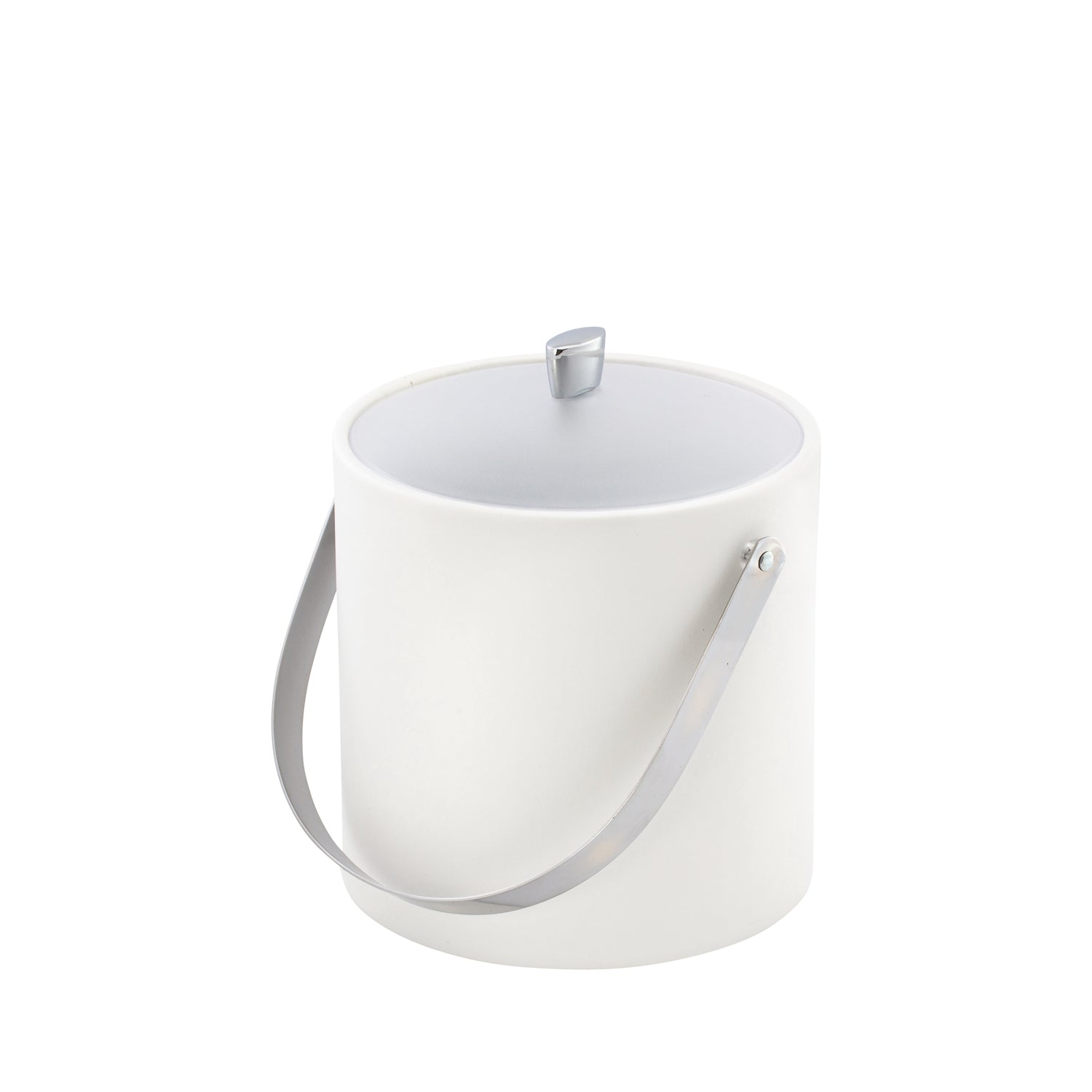 White | Leatherette ice bucket with coordinated chrome arc knob, arch handle, and durable acrylic cover.