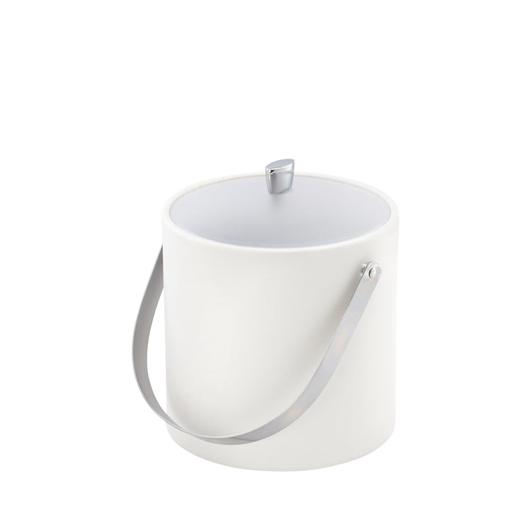 White | Leatherette ice bucket with coordinated chrome arc knob, arch handle, and durable acrylic cover.