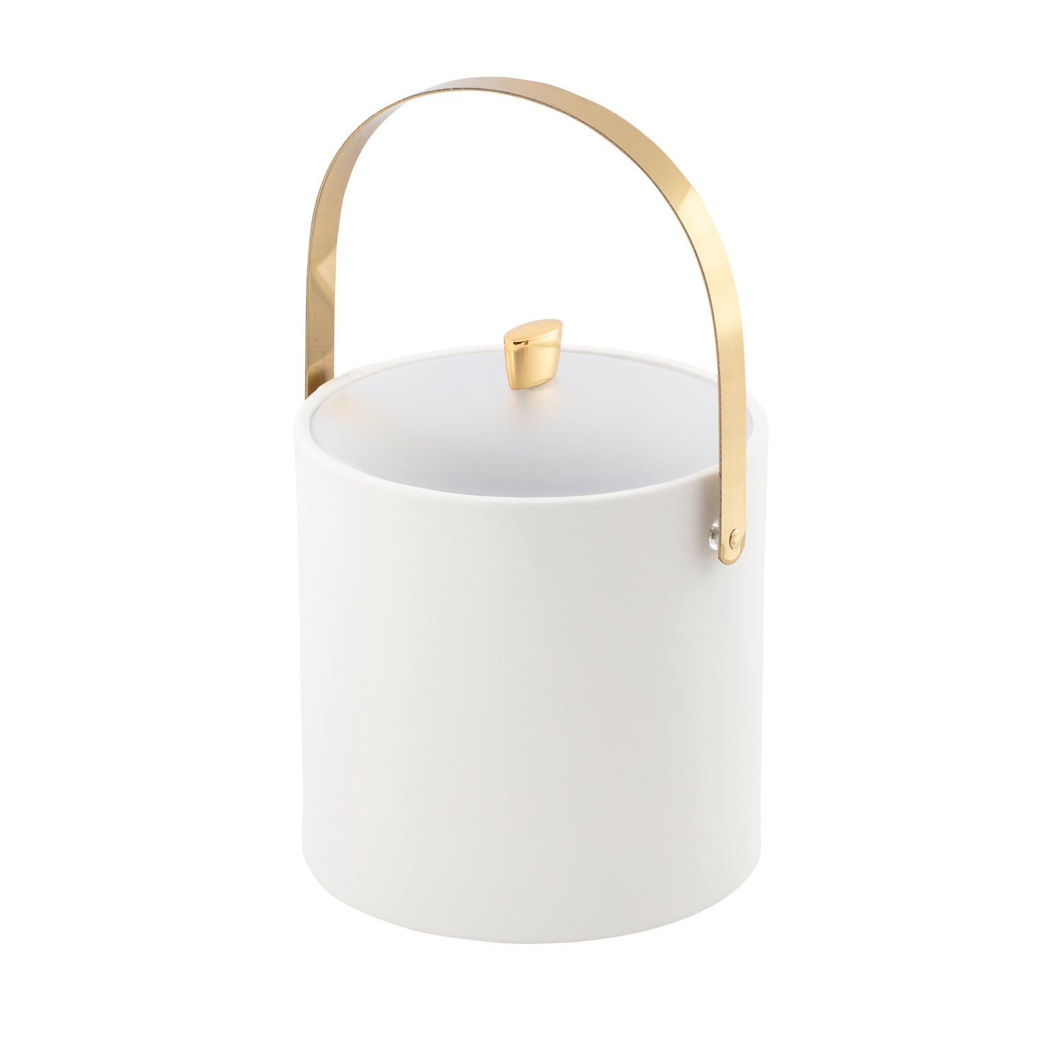 White | Entertaining essential ice bucket with polished gold arch handle, arc knob, and acrylic cover.