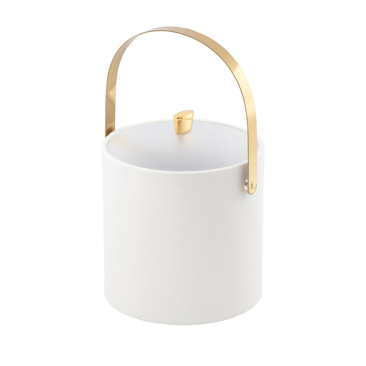 White | Entertaining essential ice bucket with polished gold arch handle, arc knob, and acrylic cover.