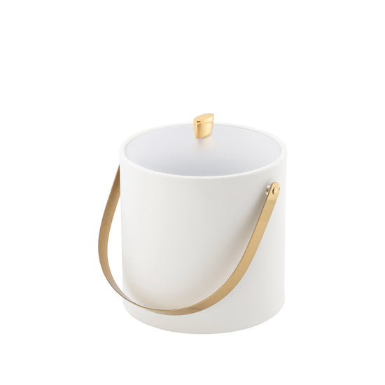White | Close up of polished gold arc knob and arch handle on an acrylic-lidded ice bucket.