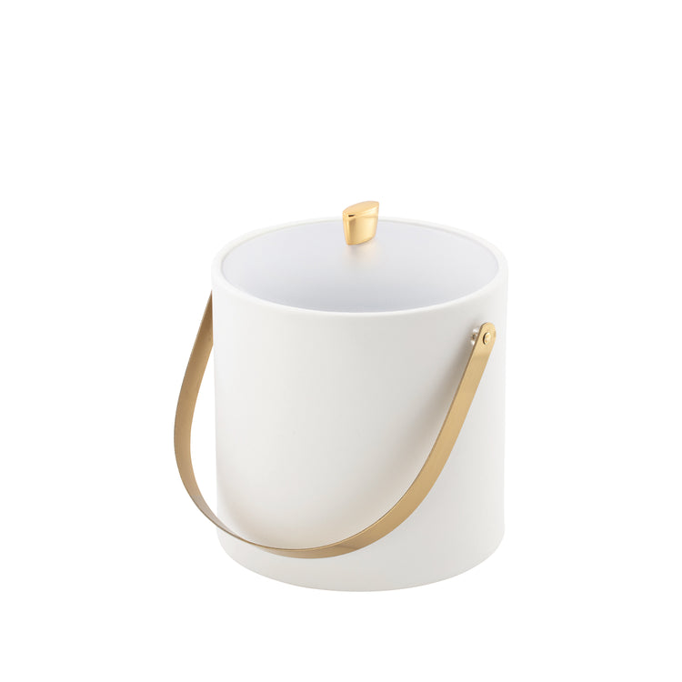 White | Close up of polished gold arc knob and arch handle on an acrylic-lidded ice bucket.
