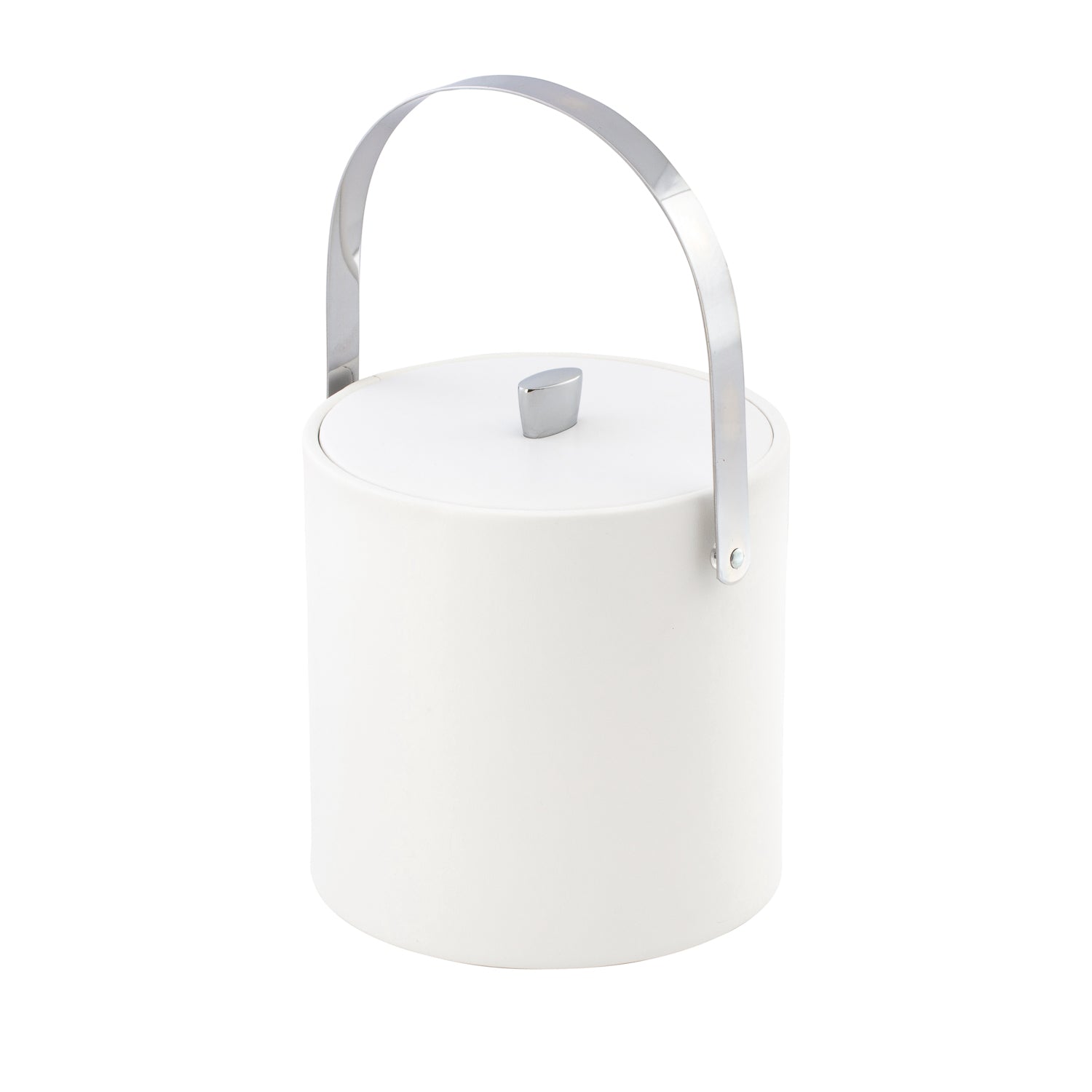 White | close up of the 3qt leatherette texture and chrome handle of the ice bucket, cleanly shot on a white background.