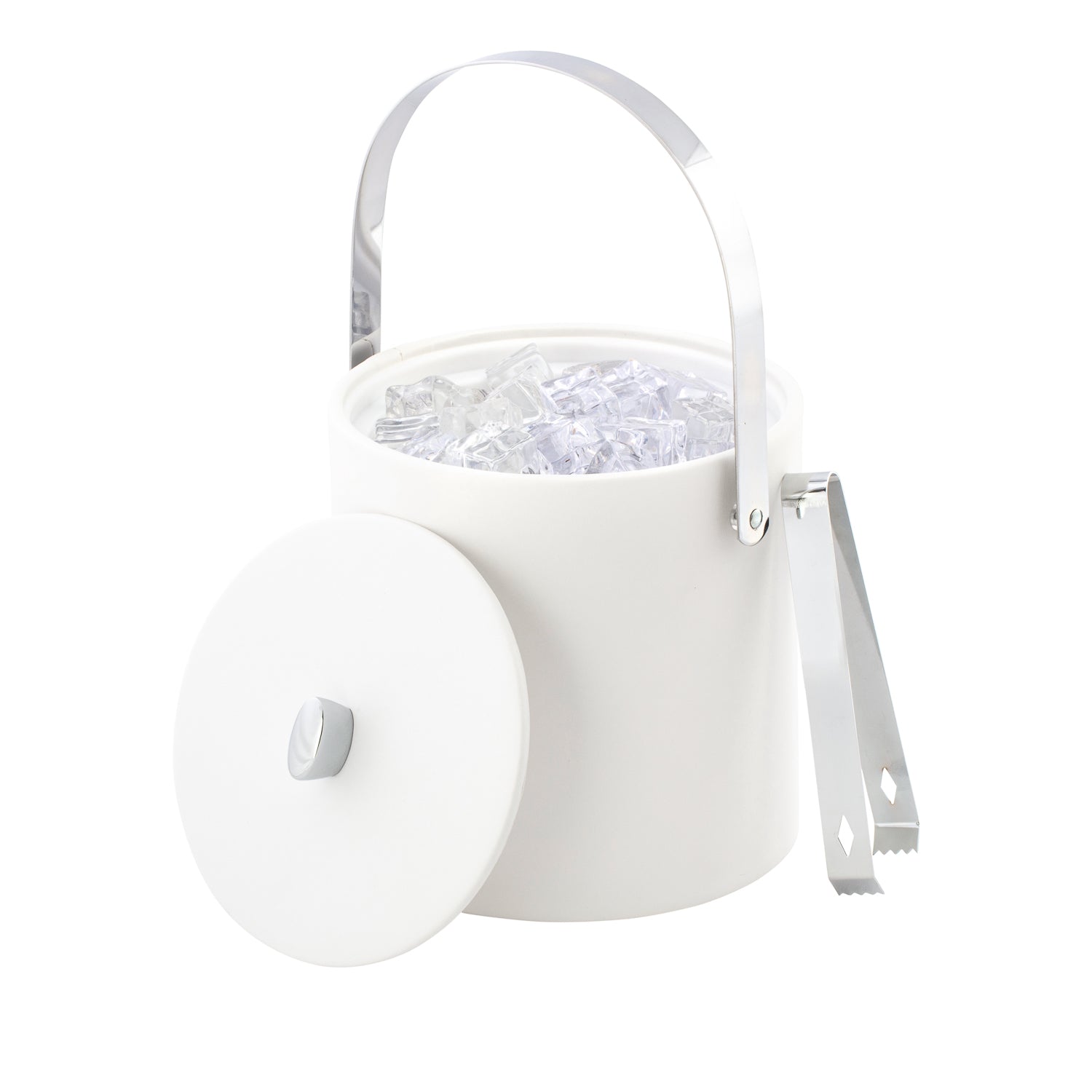 White | Classic barware ice bucket in leatherette wrap with chrome details, displayed on a clean white surface.
