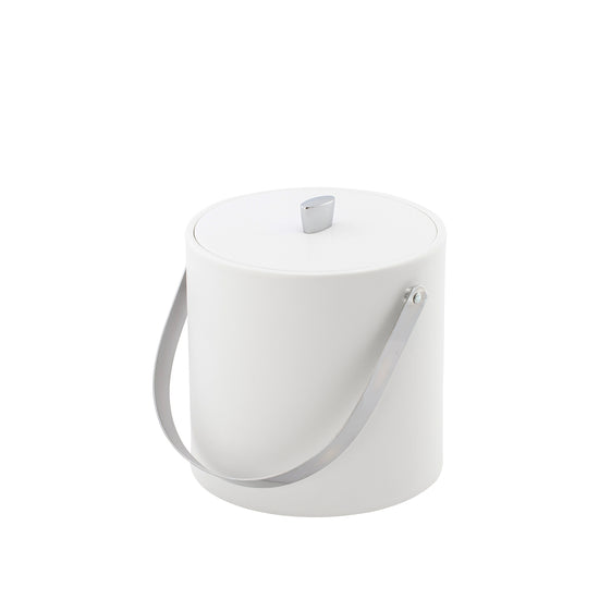White | ice bucket standing upright with the lid and handle detail visible, against plain white background.