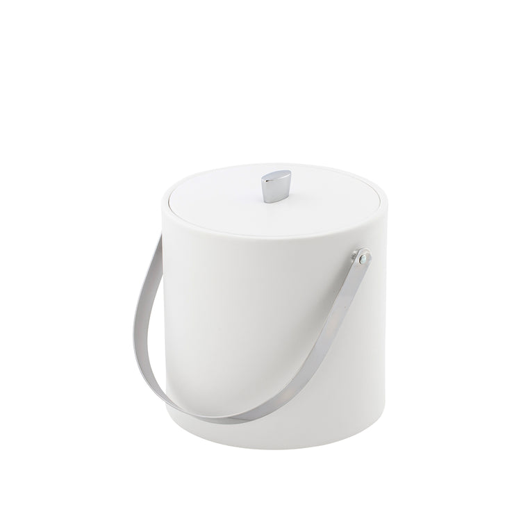 White | ice bucket standing upright with the lid and handle detail visible, against plain white background.