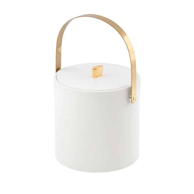 White | Matte leatherette finish ice bucket with shiny gold hardware.