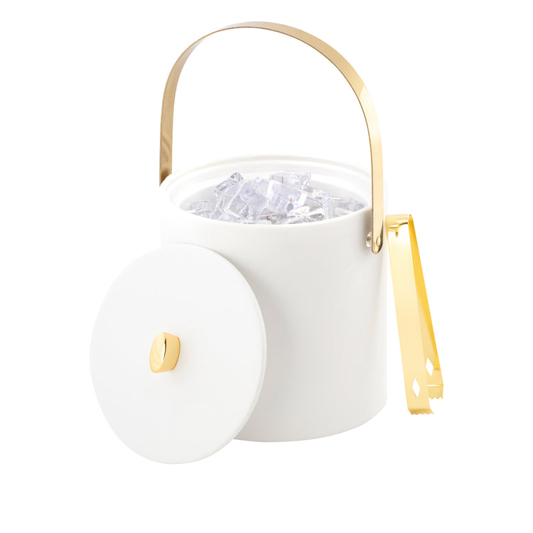 White | Upscale leatherette ice bucket with cover off to reveal ice cubes inside the ice bucket.