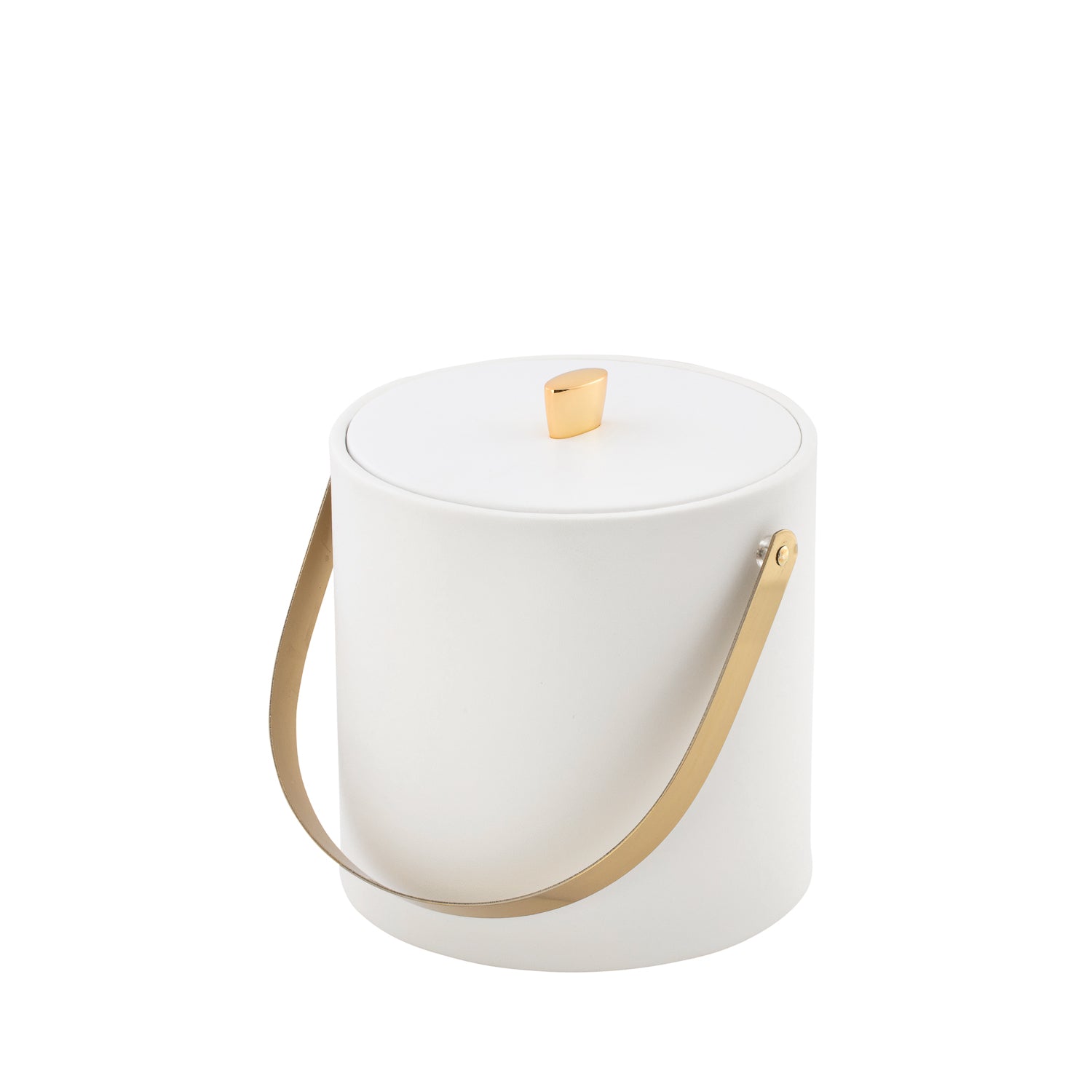 White | Elegant smooth leatherette ice bucket with gold arch handle and gold arc knob.