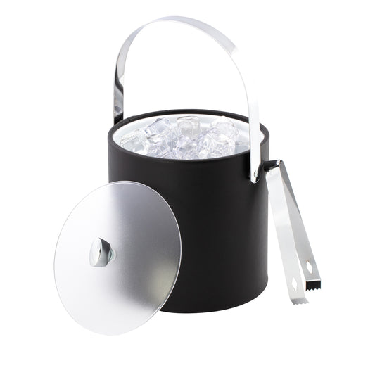 Black | Ice bucket with frosted acrylic cover, arc knob, and matching polished ice tongs, displayed on a white background.