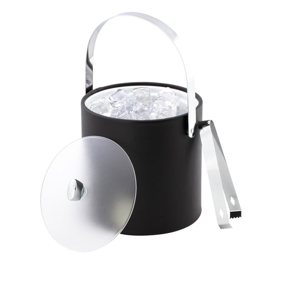 Black | Ice bucket with frosted acrylic cover, arc knob, and matching polished ice tongs, displayed on a white background.