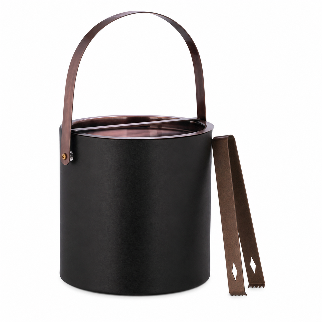 Black | leatherette ice bucket with oil-rubbed bronze metal handle and tongs on a white background